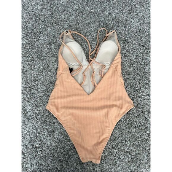 PacSun LA Hearts One Piece Women’s Swimsuit Peach Ribbed Strappy Low Cut Size M - Picture 2 of 7